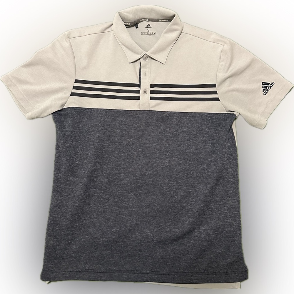 Adidas Golf Shirt. Size - Small. Light grey with Navy stripes.